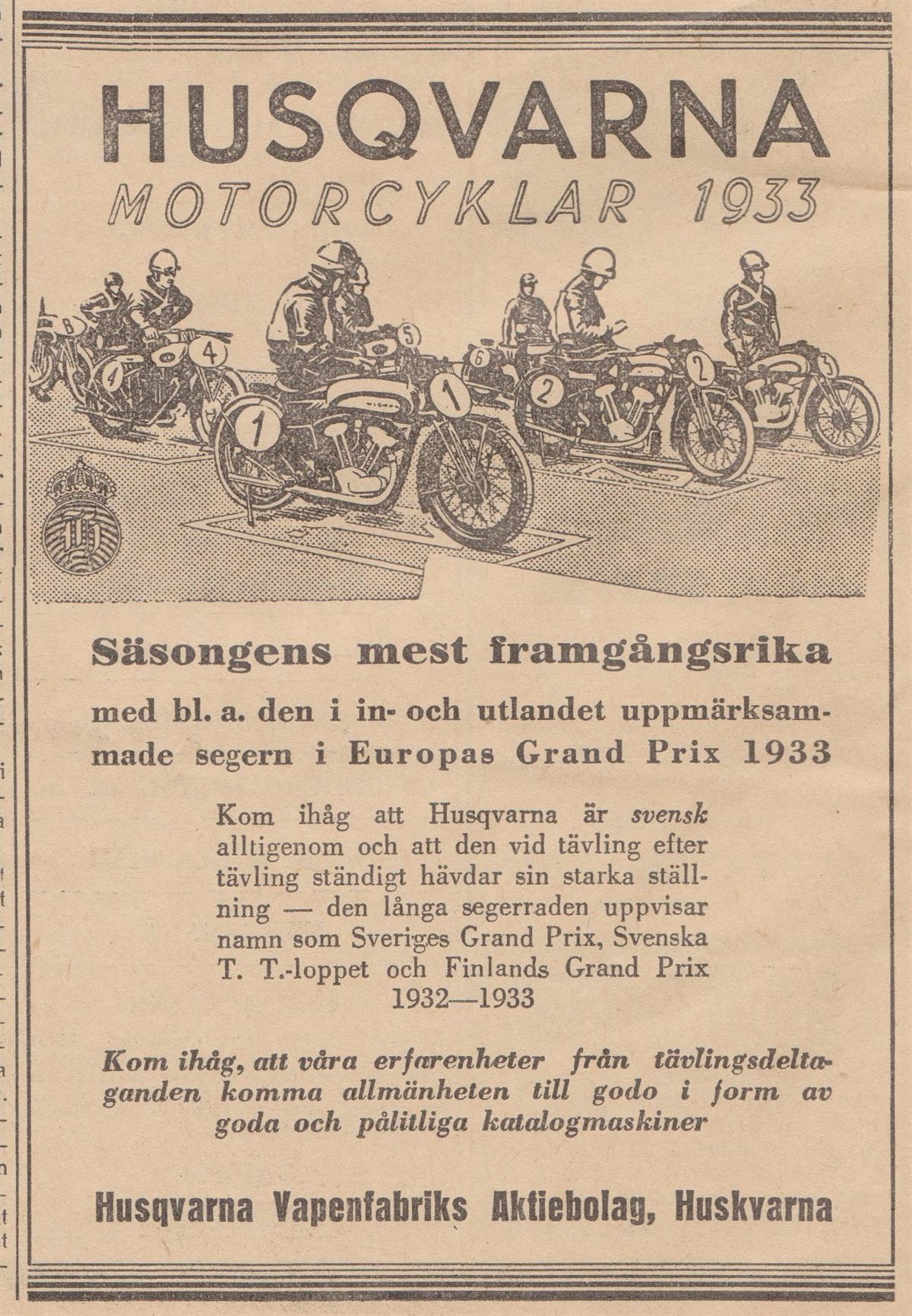 1933_Advertisement of Kalén GP win