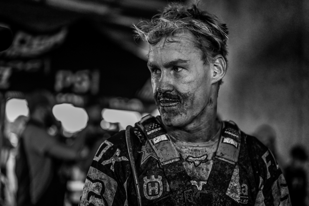 Brett Swanepoel after a dusty day of racing.